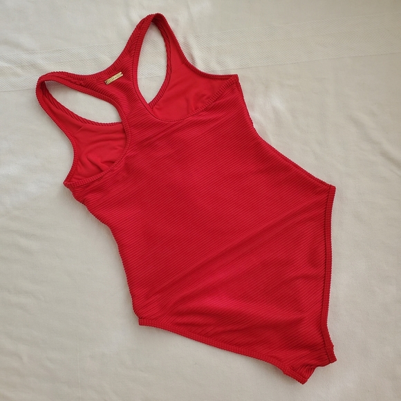 Heidi Klein red one piece swim suit size Medium gold zipper ribbed fabric lined - Picture 5 of 16